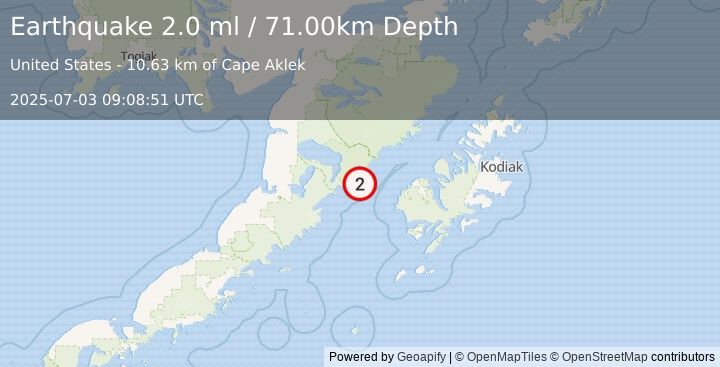 Earthquake 63 km W of Karluk, Alaska (2.0 ml) (2025-07-03 09:08:51 UTC)