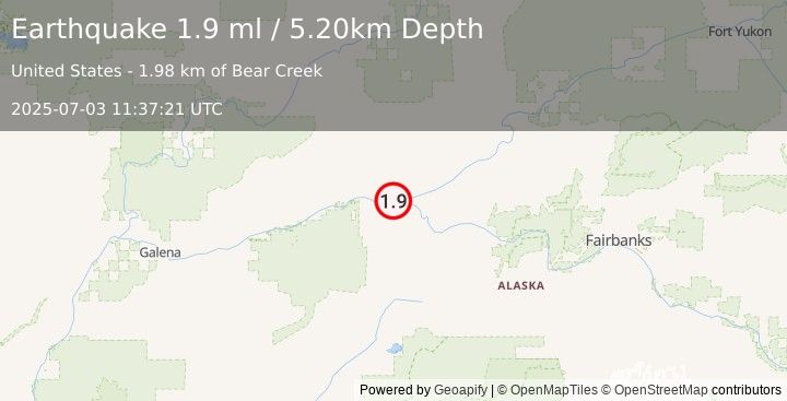 Earthquake 7 km W of Tanana, Alaska (1.9 ml) (2025-07-03 11:37:21 UTC)