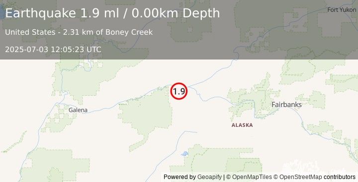 Earthquake 20 km WSW of Tanana, Alaska (1.9 ml) (2025-07-03 12:05:23 UTC)