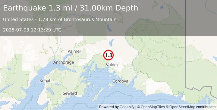 Earthquake 40 km NNW of Valdez, Alaska (1.3 ml) (2025-07-03 12:13:29 UTC)