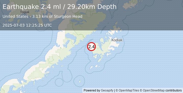 Earthquake 12 km SW of Karluk, Alaska (2.4 ml) (2025-07-03 12:25:25 UTC)