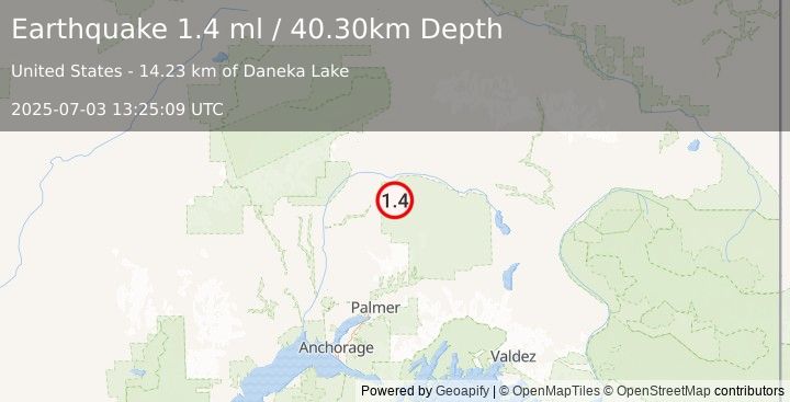 Earthquake 73 km ENE of Chase, Alaska (1.4 ml) (2025-07-03 13:25:09 UTC)