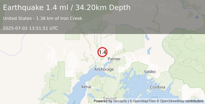 Earthquake 11 km N of Willow, Alaska (1.4 ml) (2025-07-03 13:51:51 UTC)