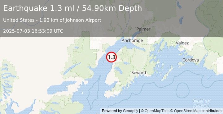 Earthquake 4 km NW of Salamatof, Alaska (1.3 ml) (2025-07-03 16:53:09 UTC)