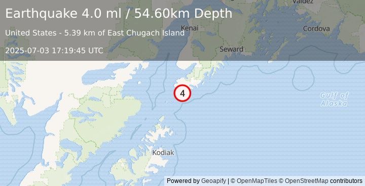 Earthquake 28 km SSE of Port Graham, Alaska (4.0 ml) (2025-07-03 17:19:45 UTC)