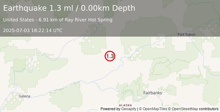 Earthquake 55 km NNW of Rampart, Alaska (1.3 ml) (2025-07-03 18:22:14 UTC)