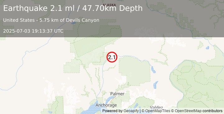 Earthquake 51 km NE of Chase, Alaska (2.1 ml) (2025-07-03 19:13:37 UTC)