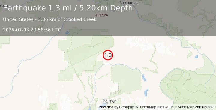 Earthquake 29 km SSW of Cantwell, Alaska (1.3 ml) (2025-07-03 20:58:56 UTC)