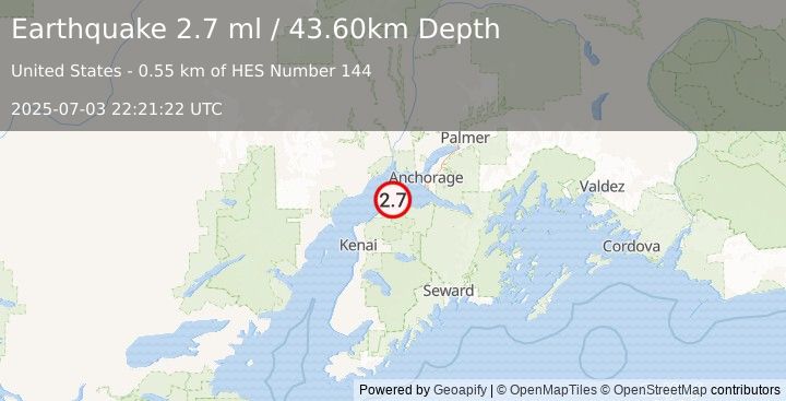 Earthquake 10 km NE of Point Possession, Alaska (2.7 ml) (2025-07-03 22:21:22 UTC)