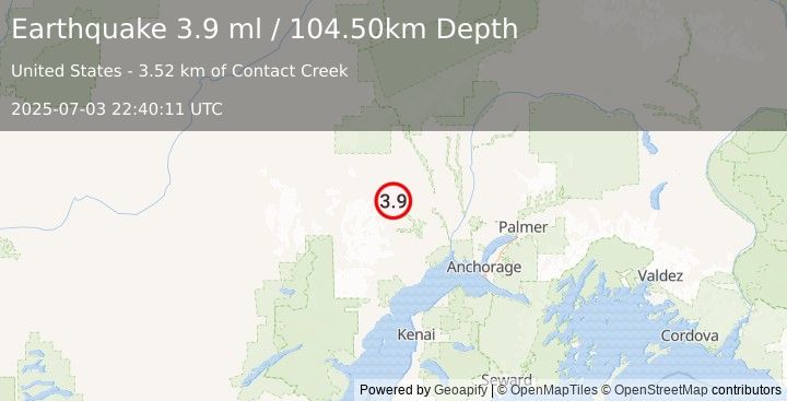 Earthquake 23 km SW of Skwentna, Alaska (3.9 ml) (2025-07-03 22:40:11 UTC)