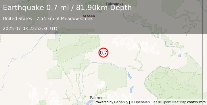 Earthquake 28 km SE of Cantwell, Alaska (0.7 ml) (2025-07-03 22:52:36 UTC)