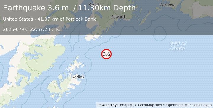 Earthquake 114 km SSE of Halibut Cove, Alaska (3.6 ml) (2025-07-03 22:57:23 UTC)