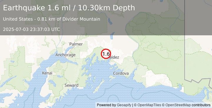 Earthquake 30 km WNW of Valdez, Alaska (1.6 ml) (2025-07-03 23:37:03 UTC)