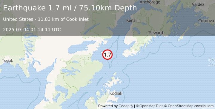 Earthquake 62 km W of Nanwalek, Alaska (1.7 ml) (2025-07-04 01:14:11 UTC)