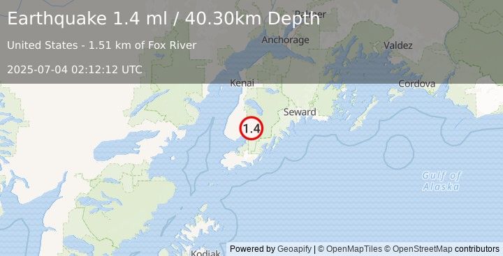 Earthquake 1 km S of Fox River, Alaska (1.4 ml) (2025-07-04 02:12:12 UTC)