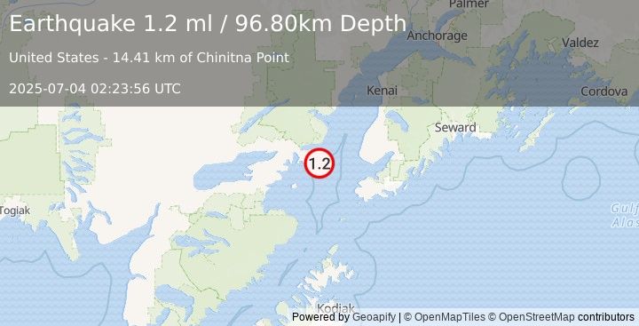 Earthquake 56 km WSW of Anchor Point, Alaska (1.2 ml) (2025-07-04 02:23:56 UTC)