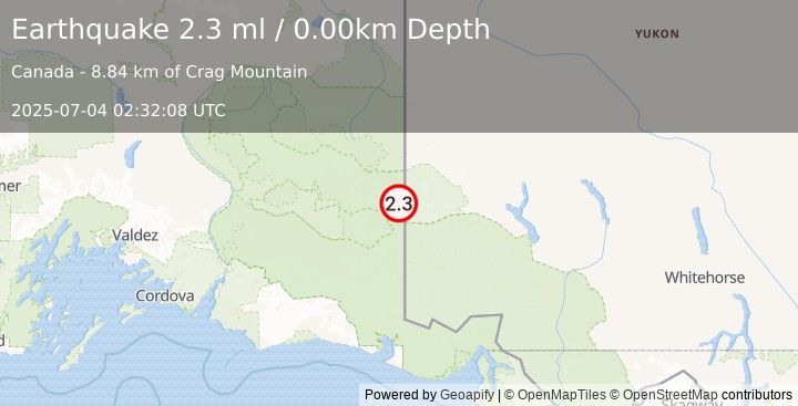 Earthquake 96 km E of McCarthy, Alaska (2.3 ml) (2025-07-04 02:32:08 UTC)