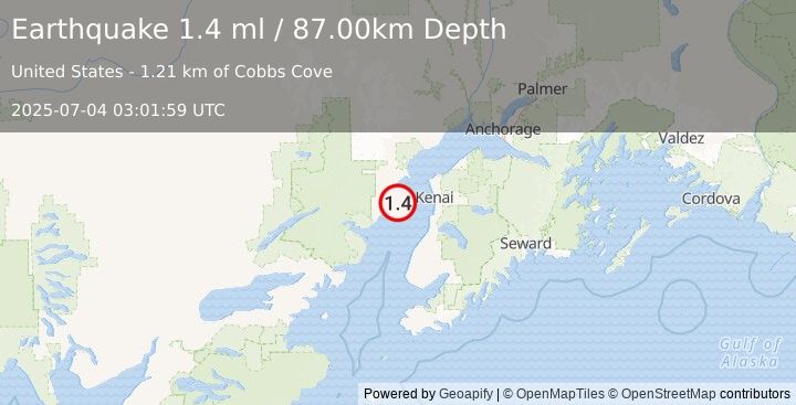 Earthquake 38 km WSW of Salamatof, Alaska (1.4 ml) (2025-07-04 03:01:59 UTC)