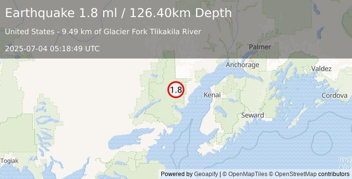 Earthquake 85 km W of Salamatof, Alaska (1.8 ml) (2025-07-04 05:18:49 UTC)