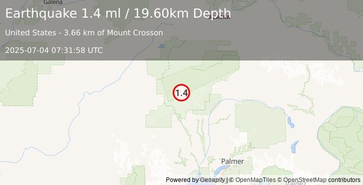 Earthquake 62 km NNW of Petersville, Alaska (1.4 ml) (2025-07-04 07:31:58 UTC)