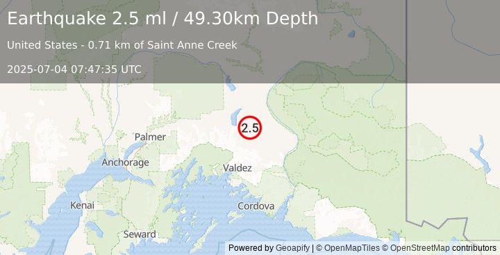 Earthquake 39 km S of Tolsona, Alaska (2.5 ml) (2025-07-04 07:47:35 UTC)
