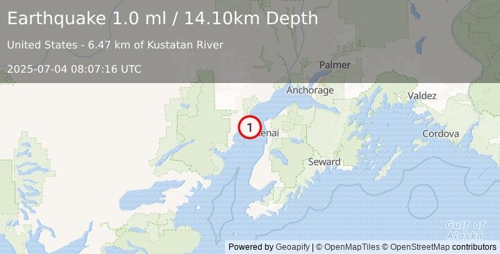 Earthquake 26 km W of Salamatof, Alaska (1.0 ml) (2025-07-04 08:07:16 UTC)