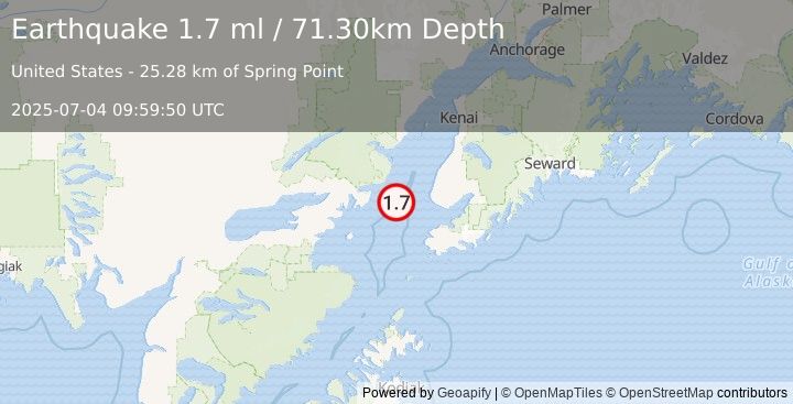 Earthquake 38 km W of Anchor Point, Alaska (1.7 ml) (2025-07-04 09:59:50 UTC)