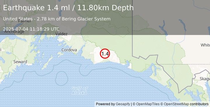 Earthquake 114 km S of McCarthy, Alaska (1.4 ml) (2025-07-04 11:18:29 UTC)