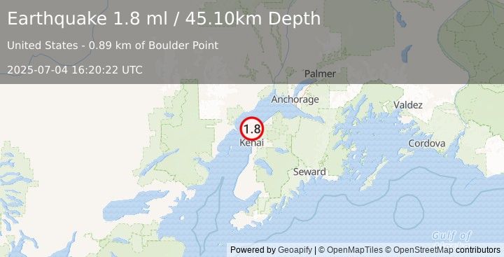 Earthquake 8 km NNE of Nikiski, Alaska (1.8 ml) (2025-07-04 16:20:22 UTC)