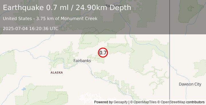 Earthquake 42 km NE of Pleasant Valley, Alaska (0.7 ml) (2025-07-04 16:20:36 UTC)