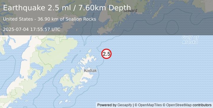Earthquake 95 km NE of Ouzinkie, Alaska (2.5 ml) (2025-07-04 17:55:57 UTC)