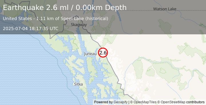 Earthquake 56 km E of Juneau, Alaska (2.6 ml) (2025-07-04 18:17:35 UTC)