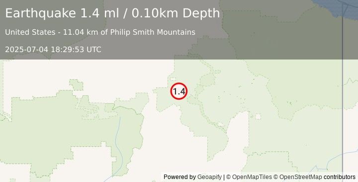 Earthquake 117 km WNW of Arctic Village, Alaska (1.4 ml) (2025-07-04 18:29:53 UTC)