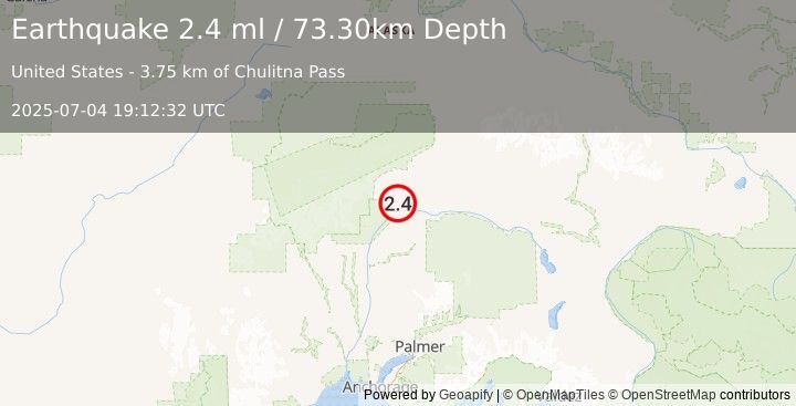 Earthquake 60 km NNE of Chase, Alaska (2.4 ml) (2025-07-04 19:12:32 UTC)