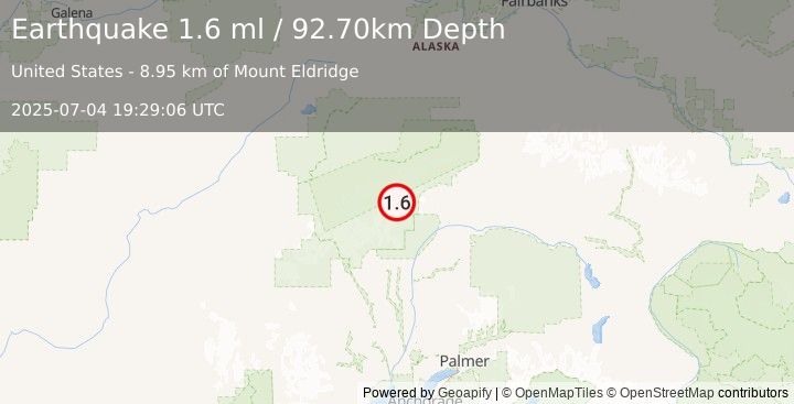Earthquake 65 km NNE of Petersville, Alaska (1.6 ml) (2025-07-04 19:29:06 UTC)