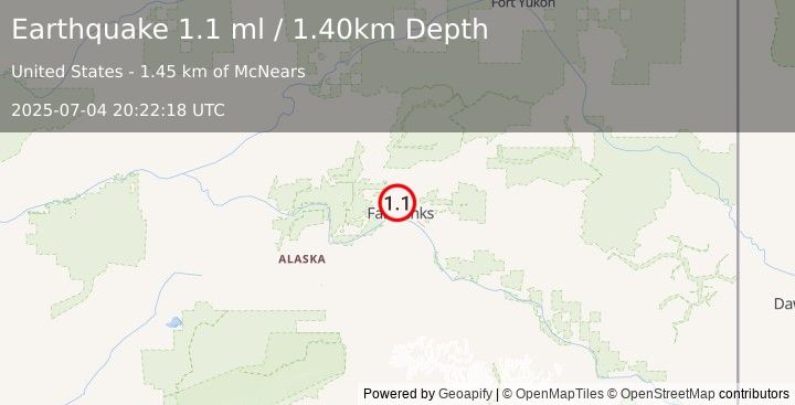 Earthquake 4 km WNW of Farmers Loop, Alaska (1.1 ml) (2025-07-04 20:22:18 UTC)