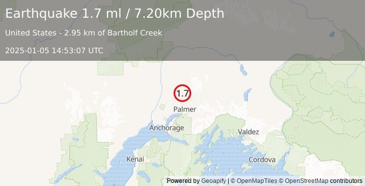 Earthquake 20 km N of Fishhook, Alaska (1.7 ml) (2025-01-05 14:53:07 UTC)