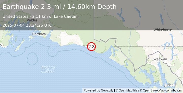 Earthquake 97 km WNW of Yakutat, Alaska (2.3 ml) (2025-07-04 23:24:26 UTC)