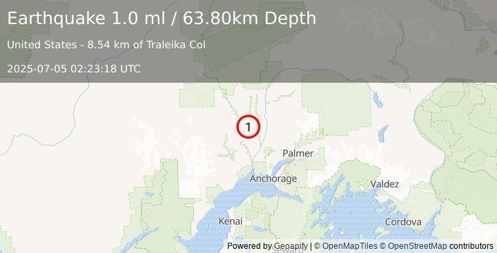 Earthquake 37 km E of Skwentna, Alaska (1.0 ml) (2025-07-05 02:23:18 UTC)