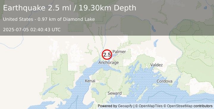 Earthquake 4 km SW of Big Lake, Alaska (2.5 ml) (2025-07-05 02:40:43 UTC)