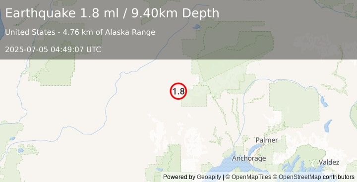 Earthquake 82 km ESE of Nikolai, Alaska (1.8 ml) (2025-07-05 04:49:07 UTC)
