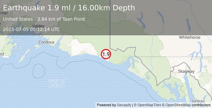 Earthquake 107 km NW of Yakutat, Alaska (1.9 ml) (2025-07-05 05:12:14 UTC)
