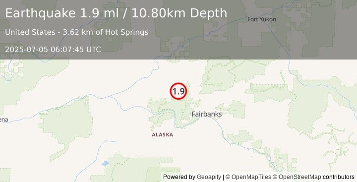 Earthquake 22 km NE of Minto, Alaska (1.9 ml) (2025-07-05 06:07:45 UTC)