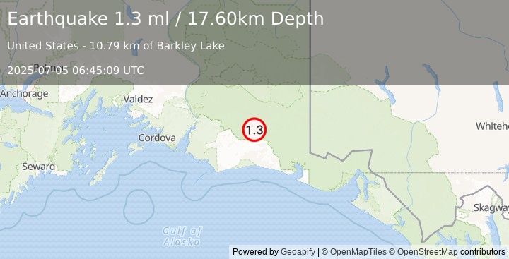 Earthquake 86 km S of McCarthy, Alaska (1.3 ml) (2025-07-05 06:45:09 UTC)