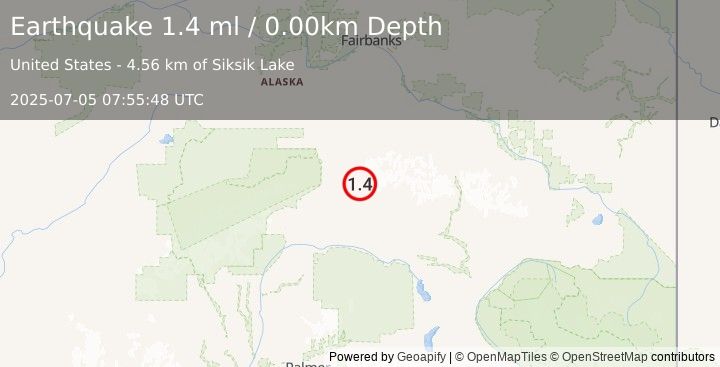 Earthquake 49 km E of Cantwell, Alaska (1.4 ml) (2025-07-05 07:55:48 UTC)