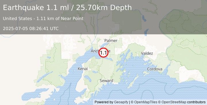 Earthquake 11 km S of Elmendorf Air Force Base, Alaska (1.1 ml) (2025-07-05 08:26:41 UTC)