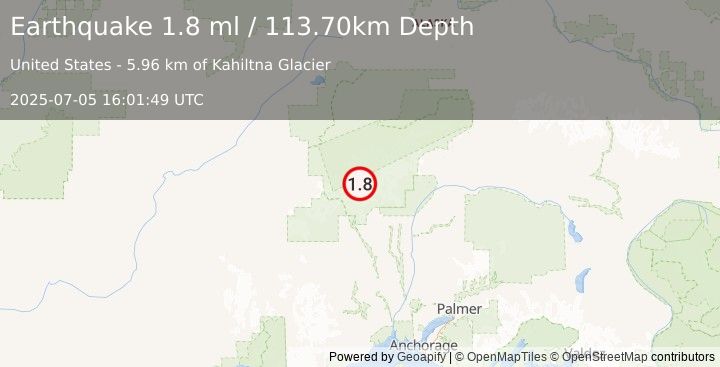Earthquake 50 km NNW of Petersville, Alaska (1.8 ml) (2025-07-05 16:01:49 UTC)