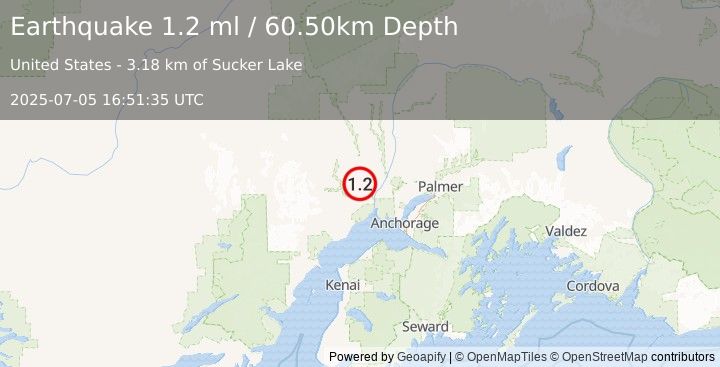 Earthquake 21 km WNW of Susitna, Alaska (1.2 ml) (2025-07-05 16:51:35 UTC)
