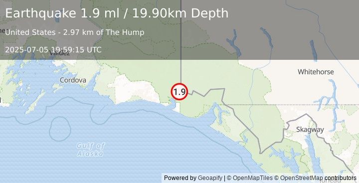 Earthquake 111 km NW of Yakutat, Alaska (1.9 ml) (2025-07-05 19:59:15 UTC)