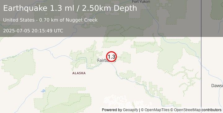 Earthquake 11 km E of Fox, Alaska (1.3 ml) (2025-07-05 20:15:49 UTC)